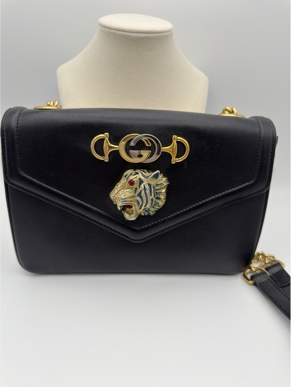 Authentic Gucci Rajah Small Chain Shoulder Bag in Black Leather Horsebit COA